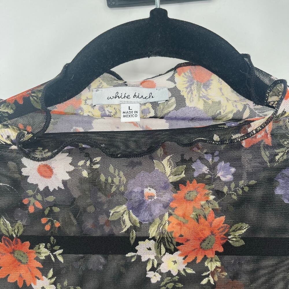White Birch Sheer Floral Mesh Mock Neck Top Dark Floral Long Sleeve Large - Picture 7 of 7